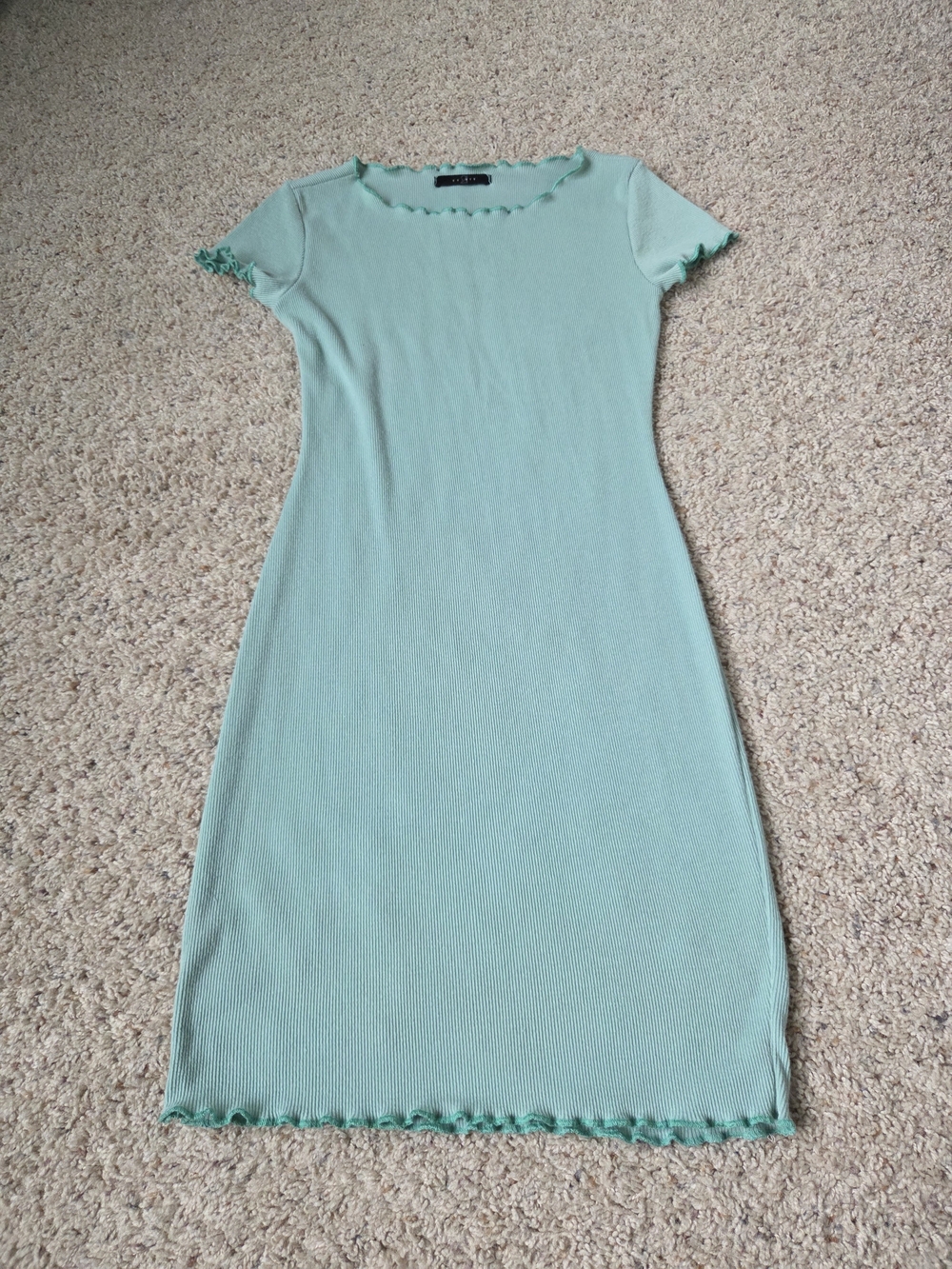 Ribbed Mint Midi Dress with Lettuce-Edge Trim